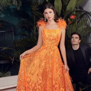 NEW LONG OFF THE SHOULDER A-LINE NEON ORANGE EMBROIDERED GOWN WITH ZIP CD KV1076